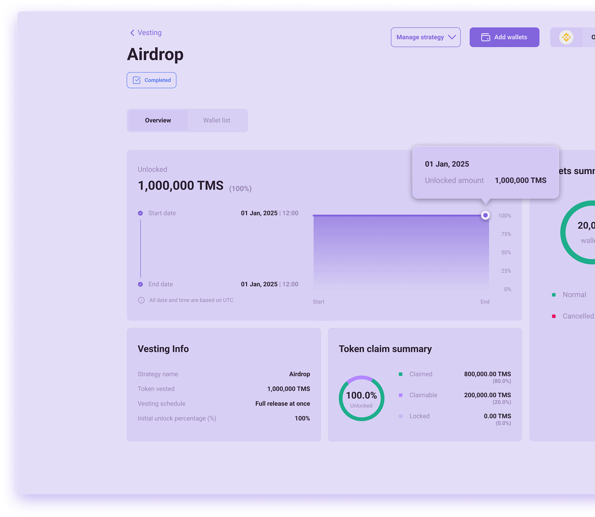 Dashboard showing completed Airdrop vesting with 1,000,000 TMS fully unlocked on January 1, 2025, and a token claim summary indicating 800,000 TMS claimed and 200,000 TMS claimable.