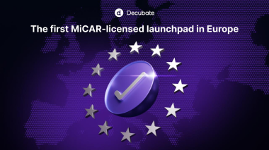 Graphic with a checkmark emblem surrounded by European stars and text stating the first MiCAR-licensed launchpad in Europe.