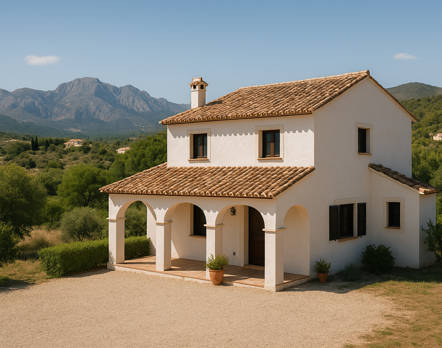 Two-story Mediterranean-style house with terracotta roof tiles, arched porch, and mountain landscape in the background.