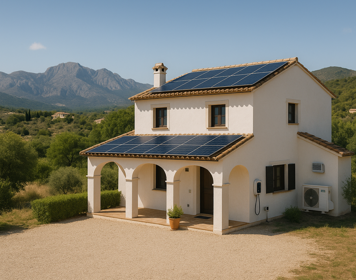 Two-story white house with solar panels on roof, surrounded by greenery and mountains in the background.