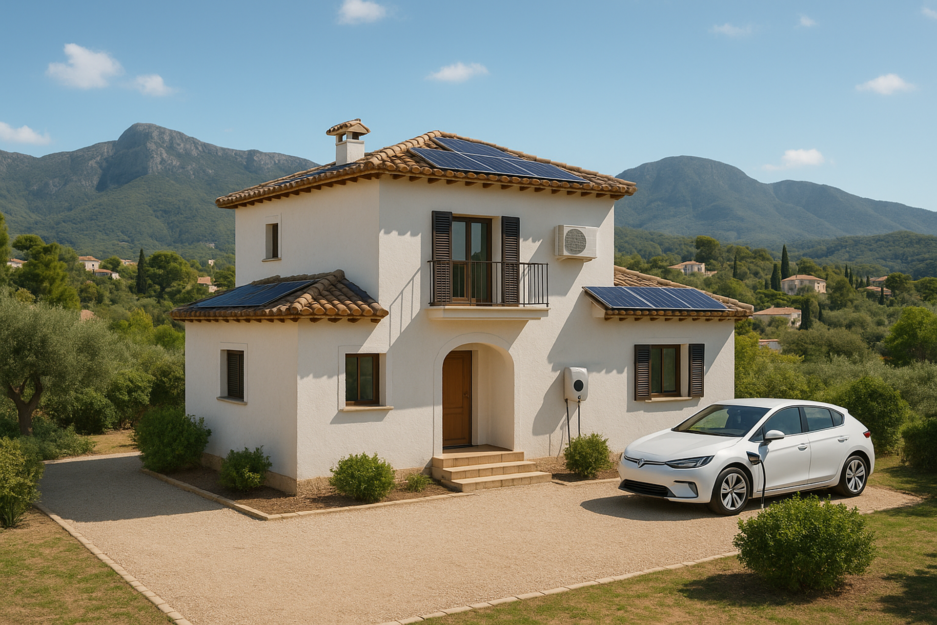 White two-story house with solar panels on the roof and an electric car charging in the driveway, set against a mountainous backdrop.