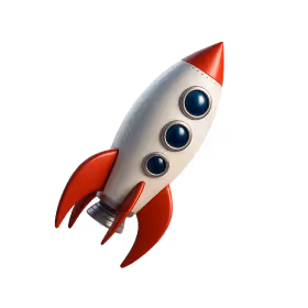 Retro-style rocket ship with red fins and three round windows.