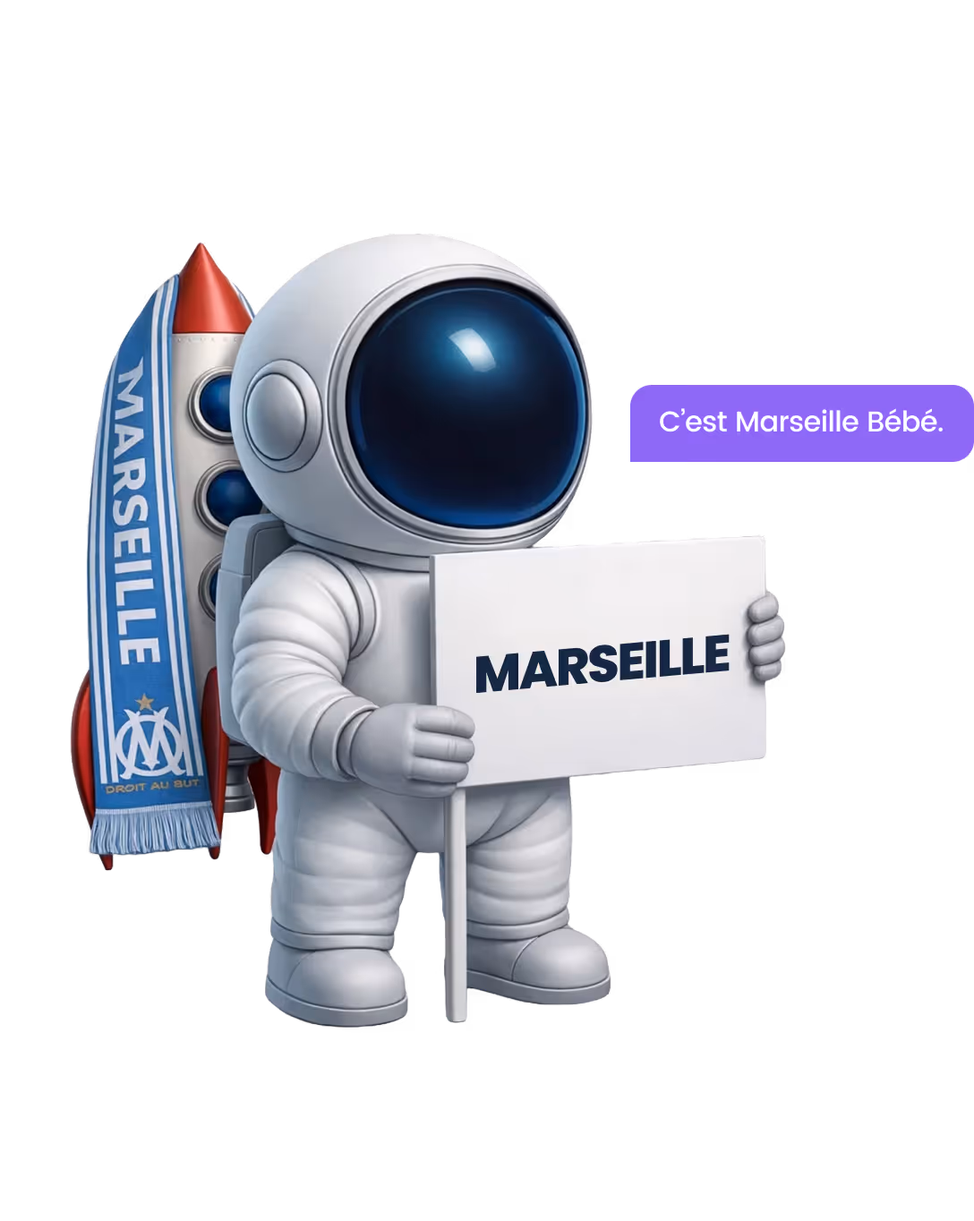Cartoon astronaut holding a sign that says 'MARSEILLE' with a rocket behind it draped in a Marseille football scarf.