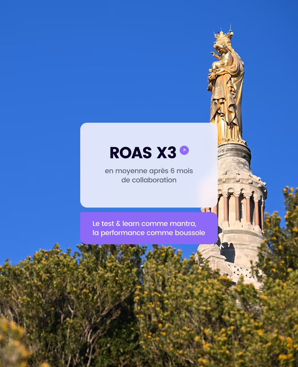 Golden statue of a crowned woman holding a child atop a stone tower against a clear blue sky, with green foliage below and overlay text about ROAS and performance.