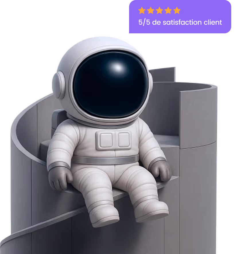 Cartoon astronaut in a white spacesuit sitting on a gray spiral staircase.