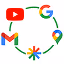 Colorful icons of popular Google services including YouTube, Google Drive, Gmail, Google Calendar, and Google Photos arranged in a circle.