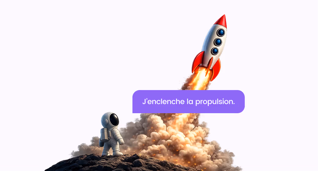 Astronaut standing on rocky ground watching a red and white rocket launching with fire and smoke, accompanied by French text saying 'J'enclenche la propulsion.'