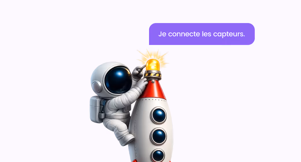 A small astronaut figure climbing a white and red rocket, touching a lit yellow beacon at the top, with a purple speech bubble saying 'Je connecte les capteurs.'