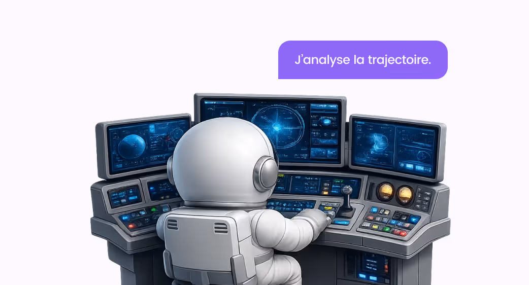 Astronaut sitting at a control panel with multiple screens displaying space data and a speech bubble saying, 'J’analyse la trajectoire.'