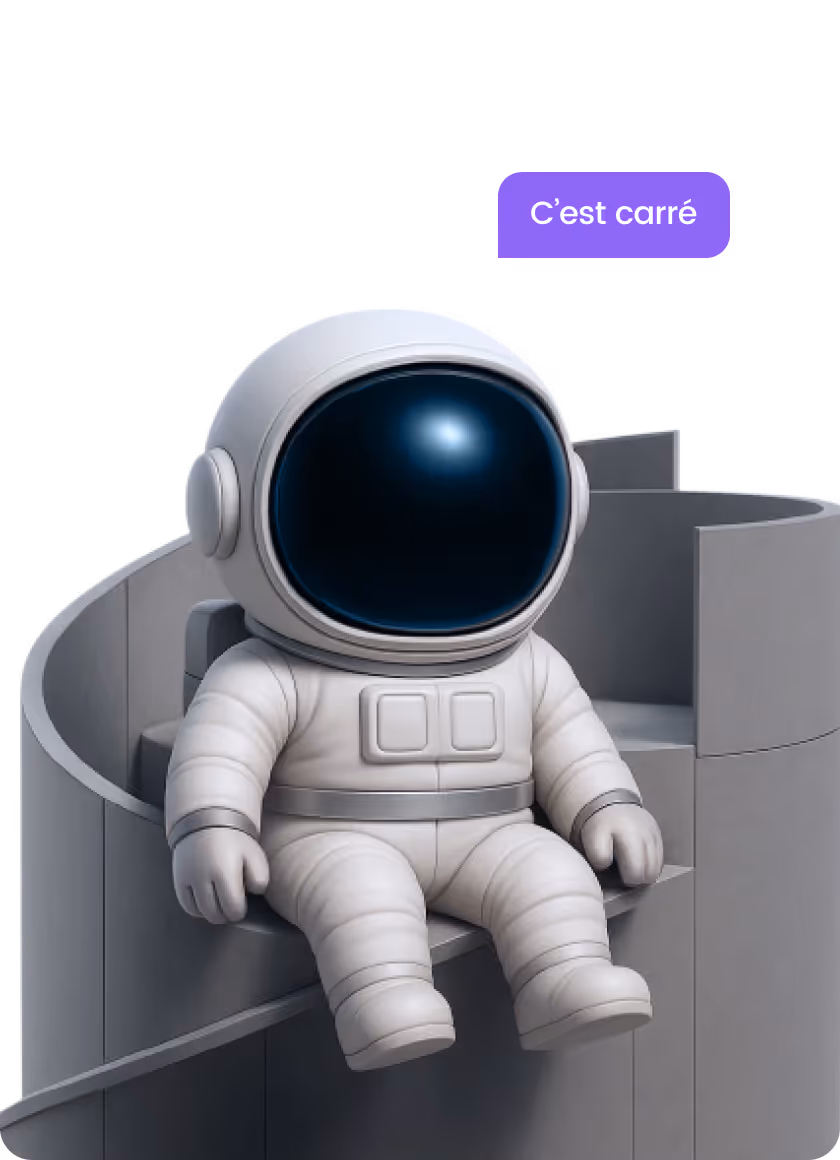 Cartoon astronaut sitting on a gray spiral staircase with a purple speech bubble above saying 'C’est carré'.