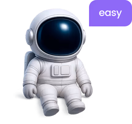Cute white astronaut character sitting with a large dark visor helmet and a purple speech bubble saying 'easy'.
