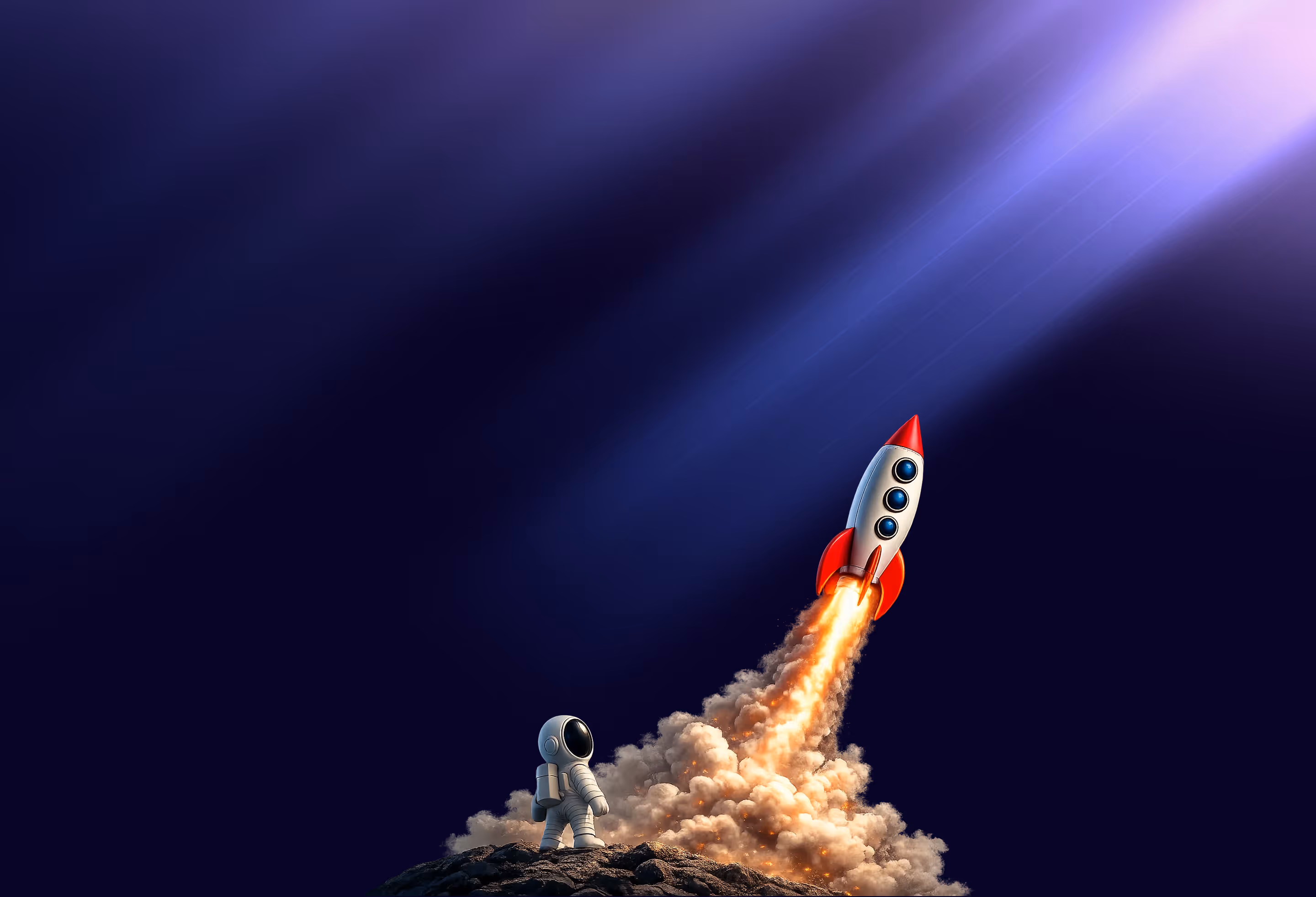 Cartoon astronaut watching a red and white rocket launching with bright flame and smoke against a dark sky.