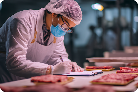 Food safety technician documenting supplier quality checks for incoming meat products, highlighting the risks of manual logs and the need for centralised supplier visibility in a modern QMS.