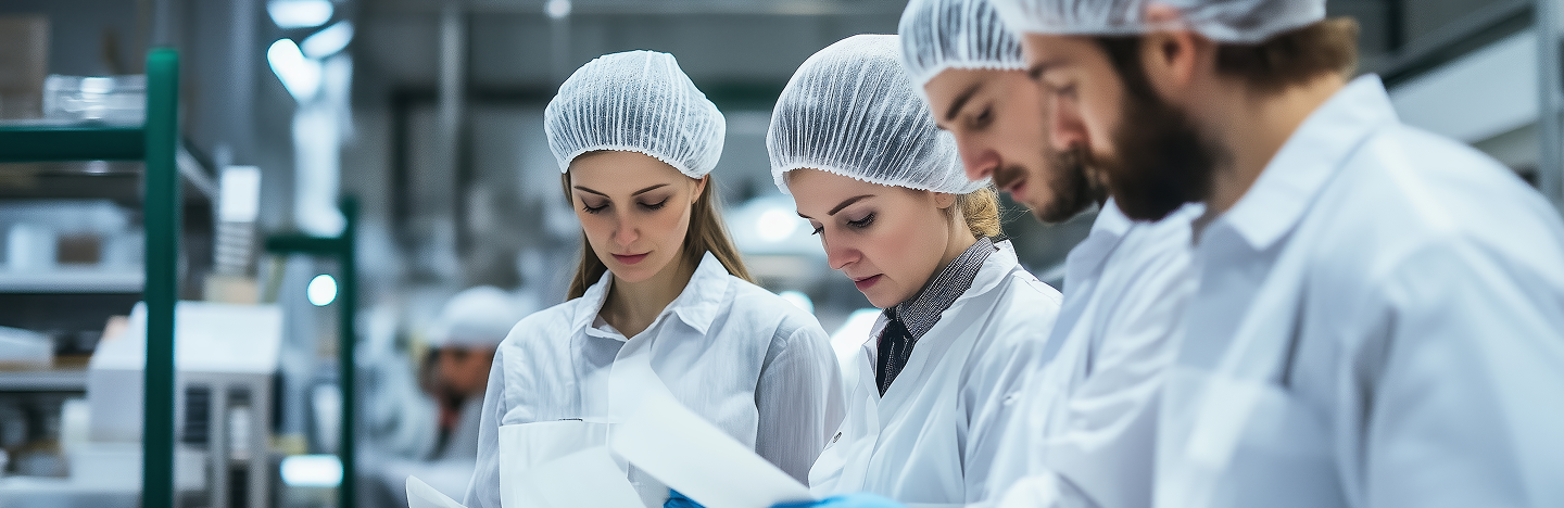 Cross functional food manufacturing team analyzing documents during a production review, illustrating the difficulties of collaboration and document control without a unified compliance system.