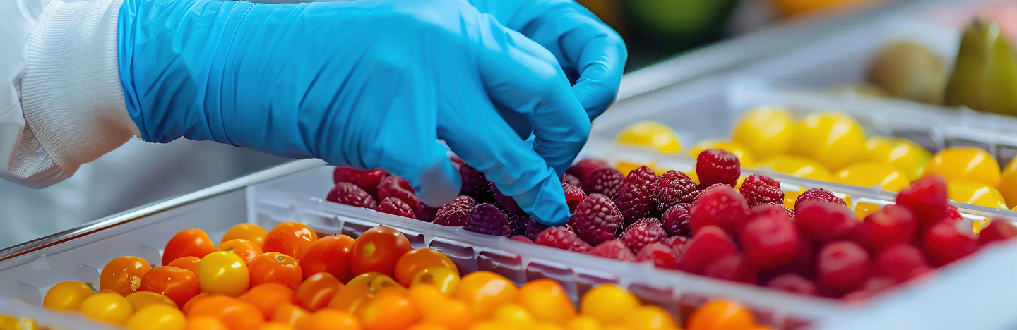 Gloved worker inspecting and sorting fresh berries and produce in a food processing environment as part of quality and safety checks