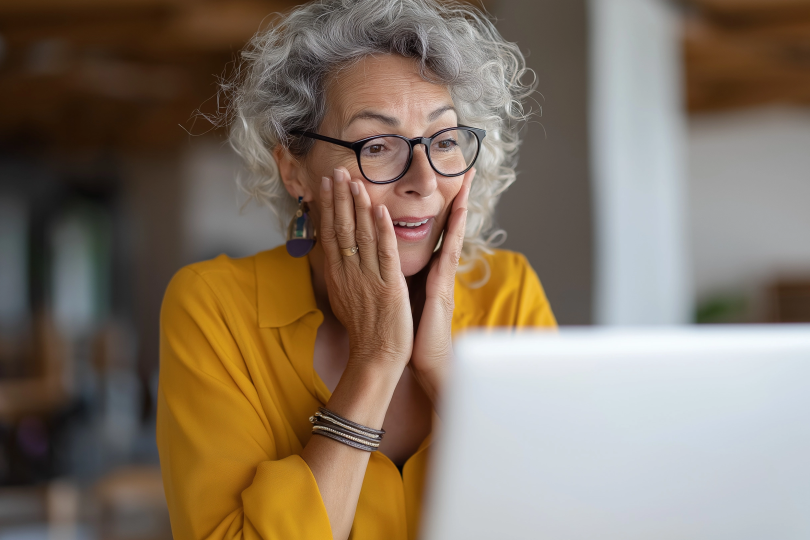 Bestatterin vor dem Laptop schaut erschrocken