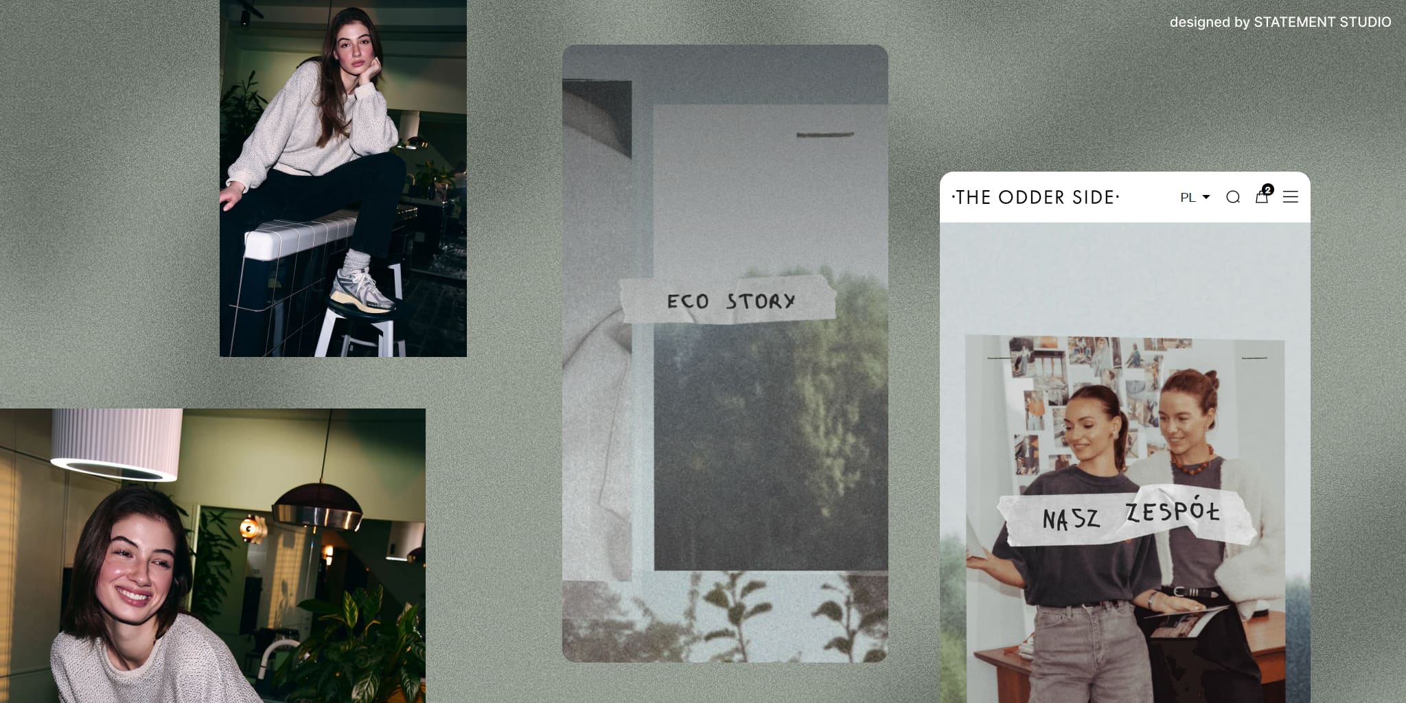 Collage with photos of two women indoors, a taped label reading 'ECO STORY,' and a screenshot of a website titled 'THE ODDER SIDE' showing two women with a taped label 'NASZ ZESPÓŁ.'