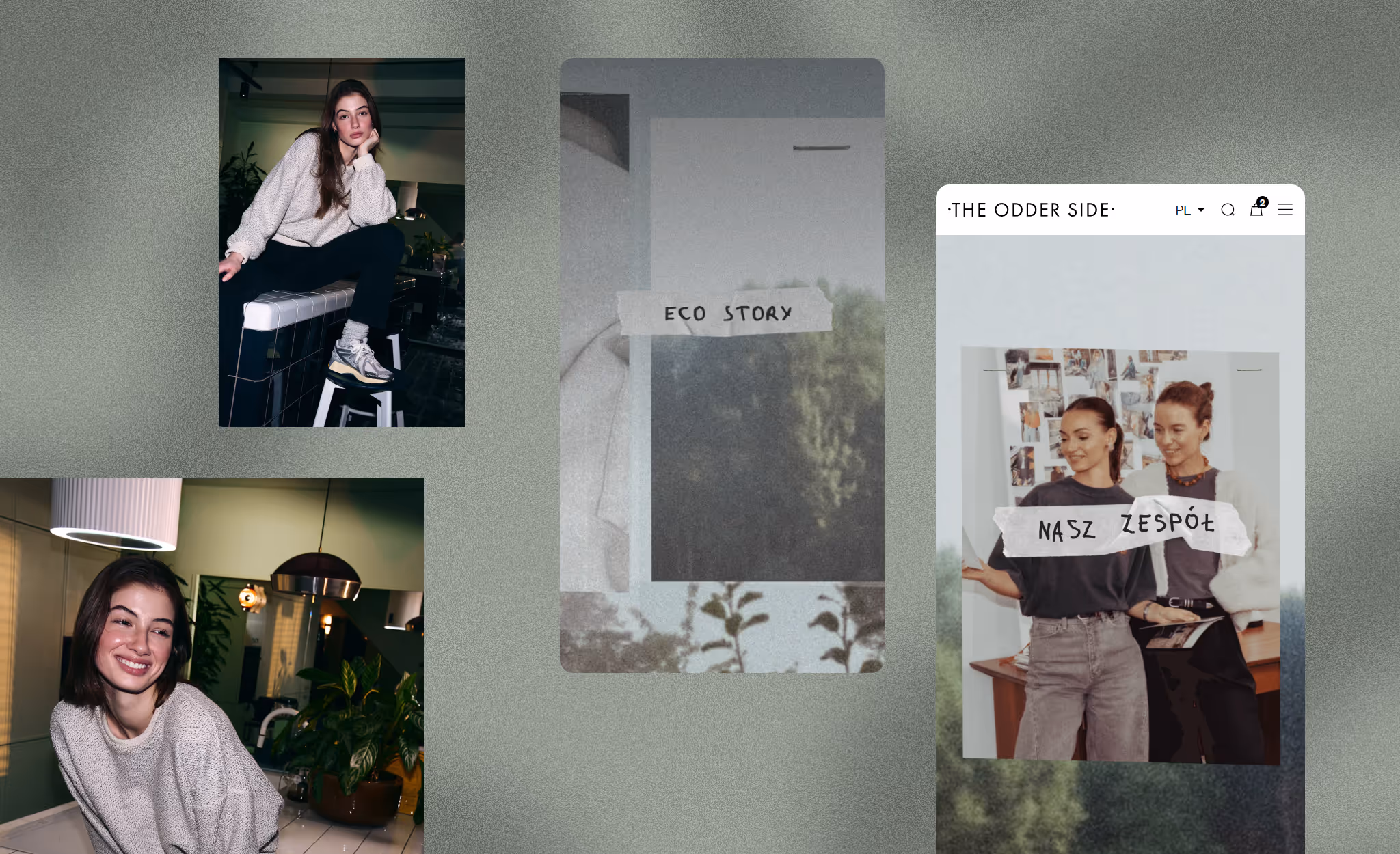 Collage with photos of two women indoors, a taped label reading 'ECO STORY,' and a screenshot of a website titled 'THE ODDER SIDE' showing two women with a taped label 'NASZ ZESPÓŁ.'