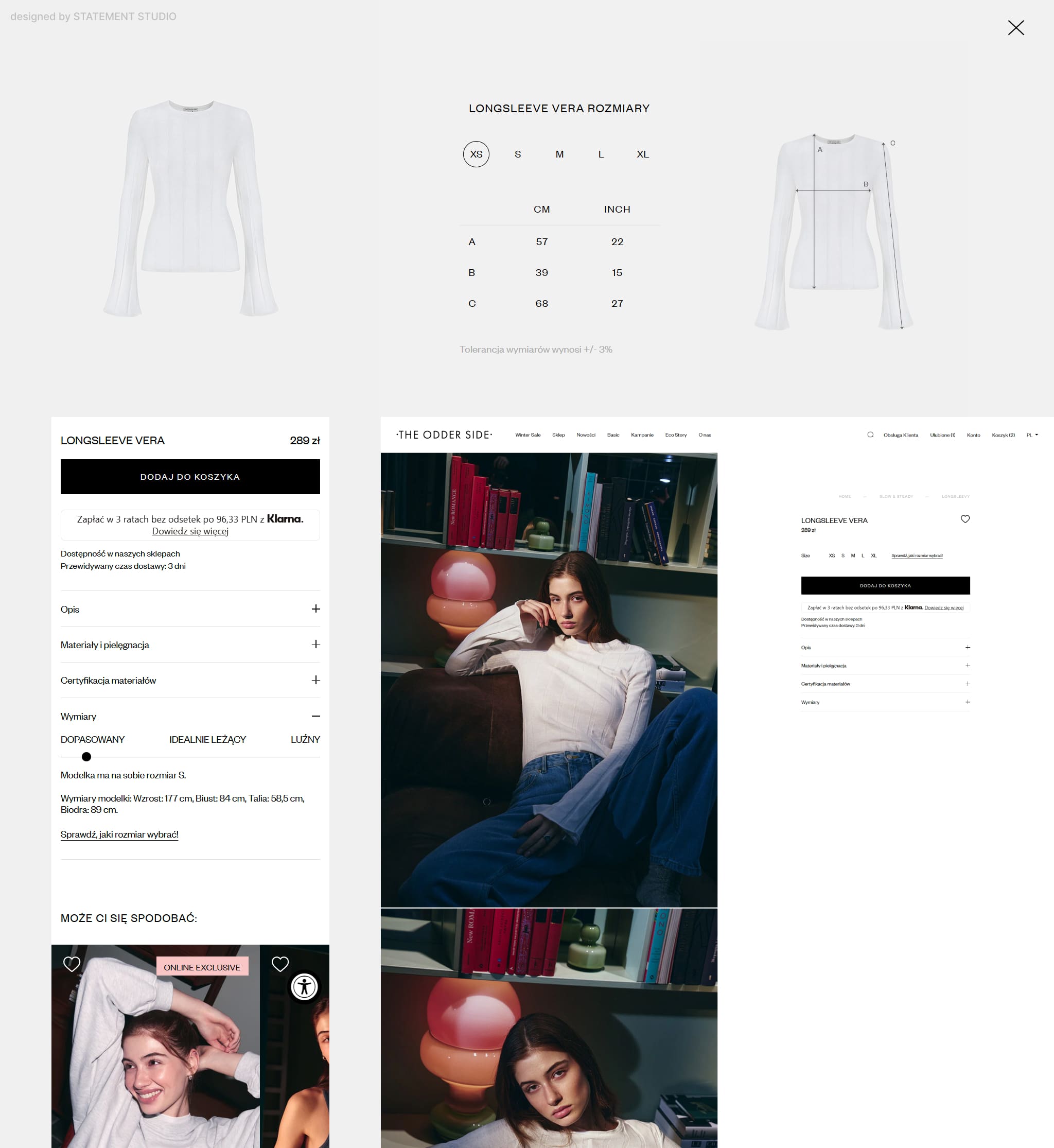 Online product page for Longsleeve Vera featuring size chart, front and back views of the white long-sleeve top, and photos of a model wearing the top seated on a couch.