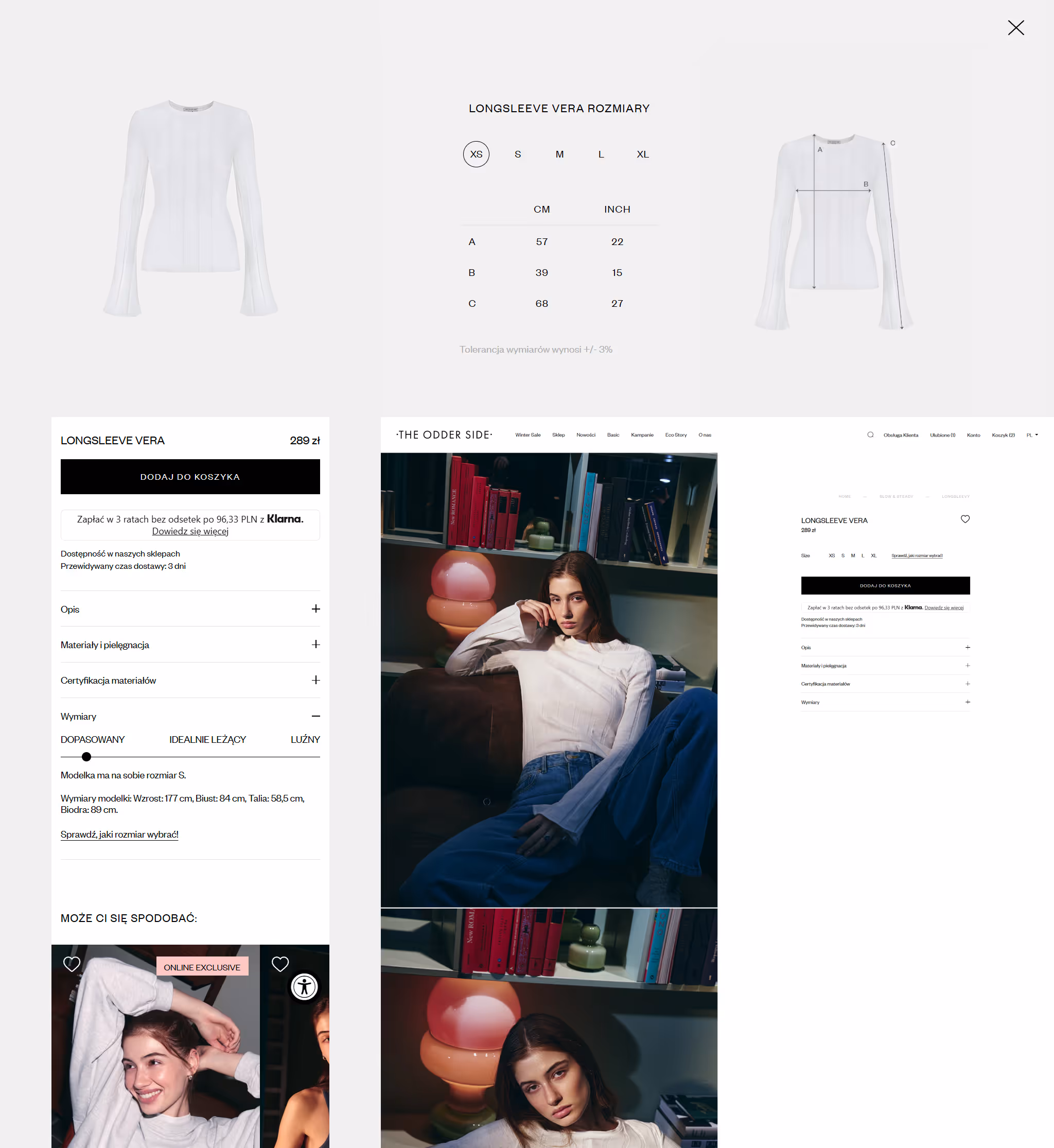 Online product page for Longsleeve Vera featuring size chart, front and back views of the white long-sleeve top, and photos of a model wearing the top seated on a couch.