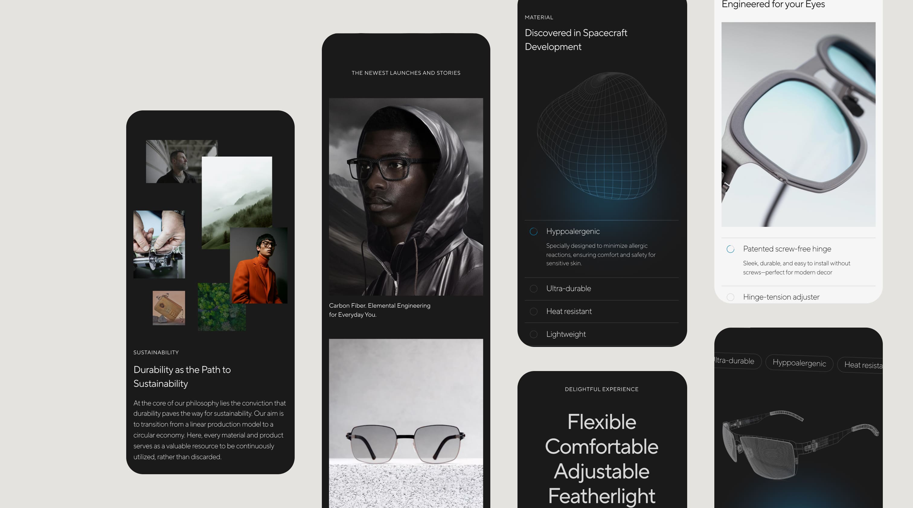 Collage of product feature cards showing eyewear design, materials, sustainability messaging, and product photos emphasizing durability, comfort, and advanced hinge technology.
