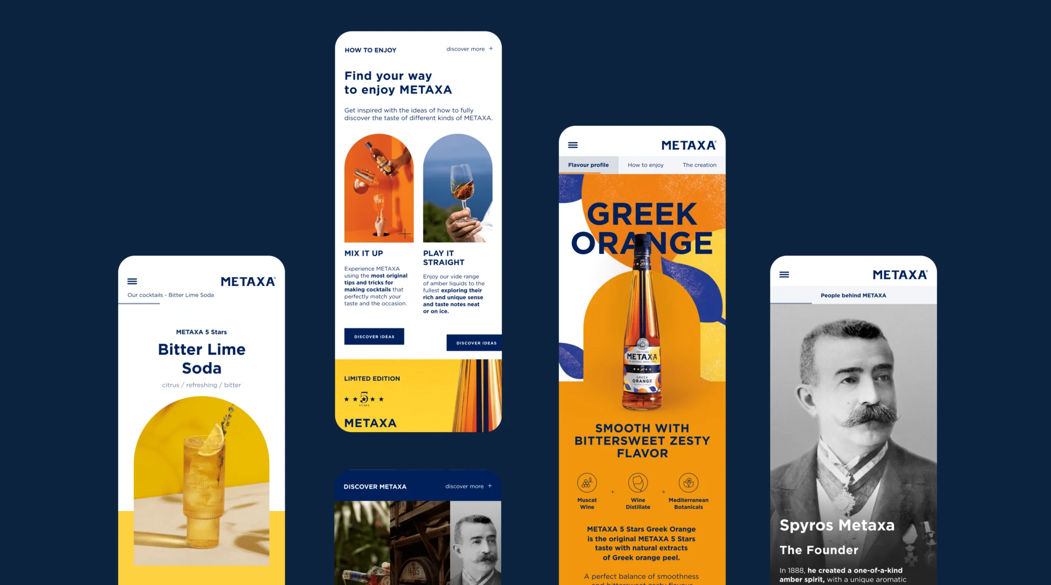 Four mobile screens showing METAXA brand content including a Bitter Lime Soda cocktail, ways to enjoy METAXA, Greek Orange flavor with bottle image, and a portrait of founder Spyros Metaxa.