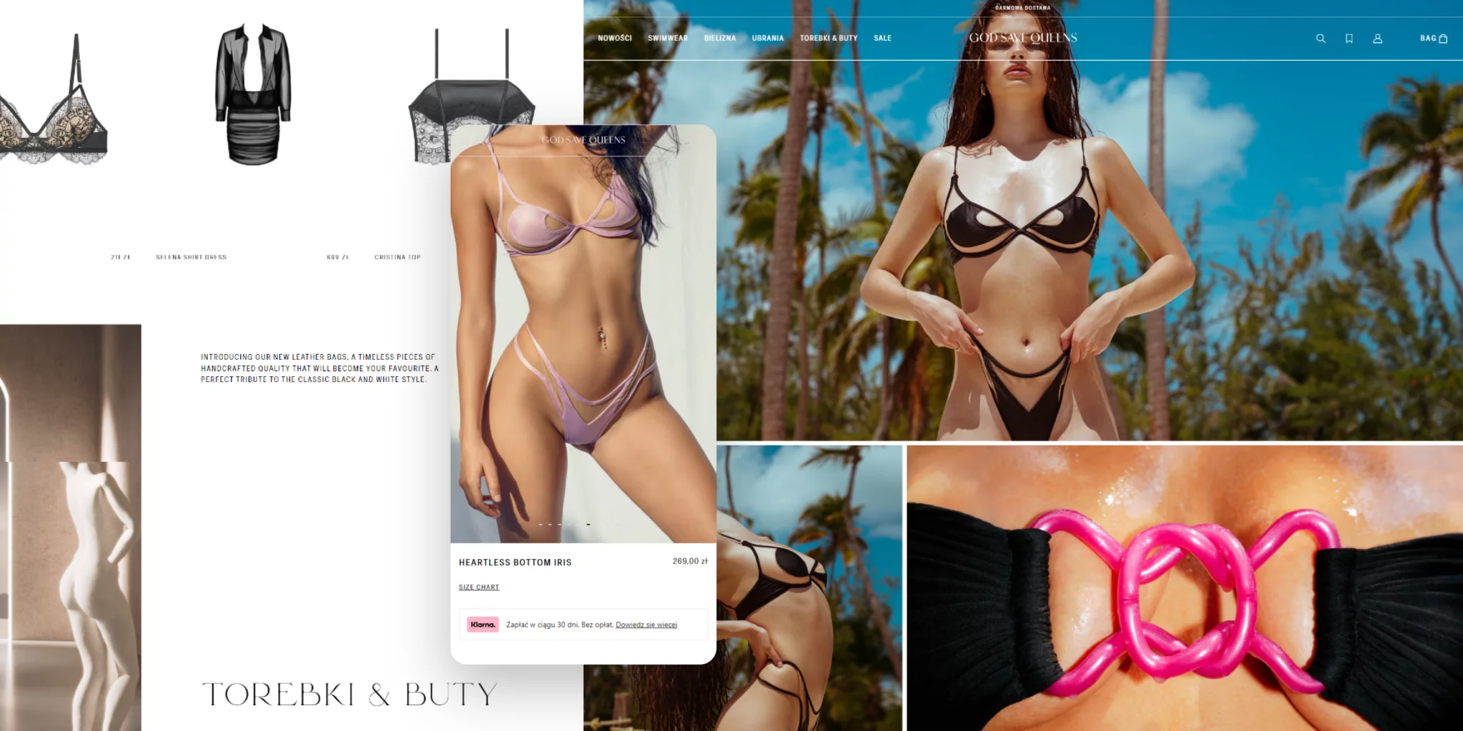 Collage showing a woman modeling black and purple lingerie outdoors with palm trees, close-ups of lingerie details, and a website shopping interface.