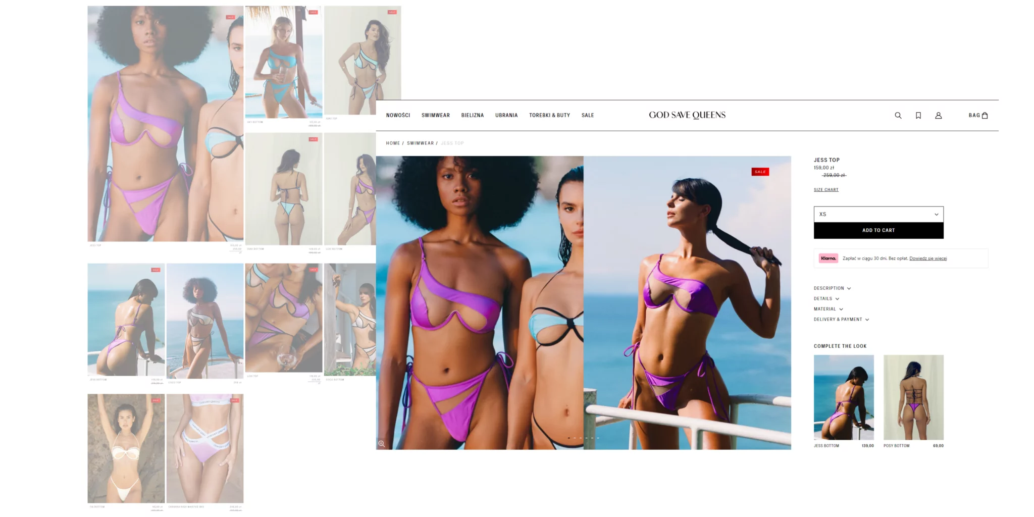 Women modeling colorful, modern cut-out bikinis on a website product page with options to select size and add to cart.