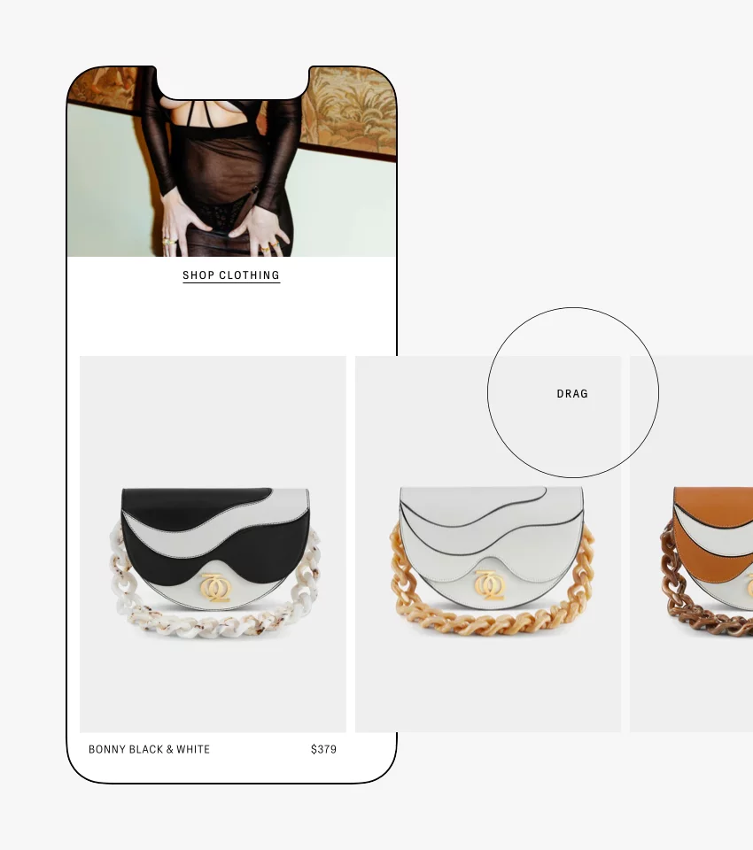 Mobile screen showing black and white Bonny handbag with a wavy pattern and a chunky chain strap, priced at $379.