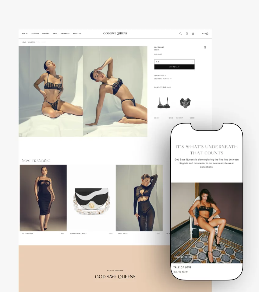 E-commerce webpage of God Save Queens lingerie and dresses featuring a model in black lace thong and bra, trending dresses, handbag, and a mobile view with text about lingerie and outerwear.