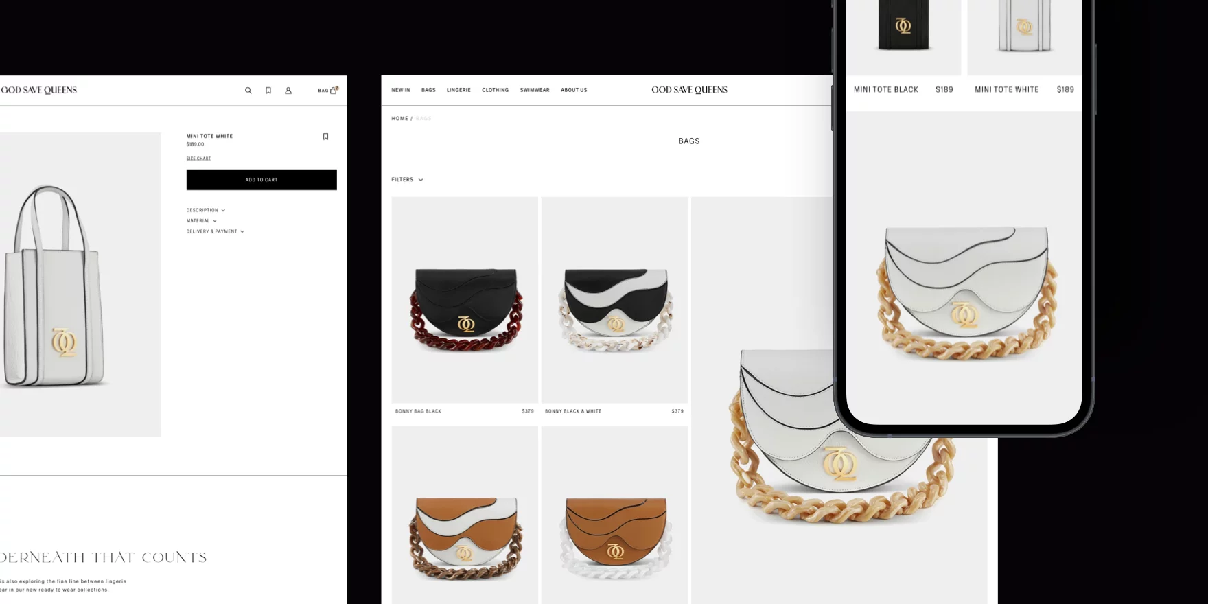 E-commerce webpage showing various stylish handbags in black, white, and tan with chain straps and gold logo, displayed on desktop and mobile views.