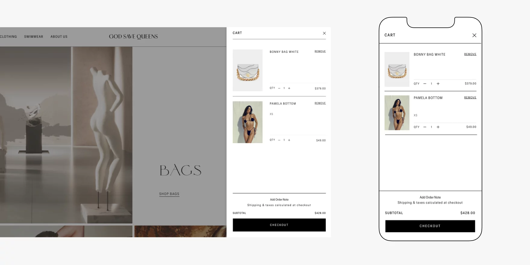 Website and mobile view of a shopping cart showing a white Bonny bag priced at $379 and a Pamela bottom bikini priced at $49 with subtotal $428 and checkout button.