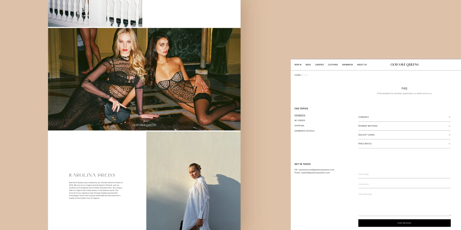 Fashion website layout featuring two models in black lingerie, a profile of a woman in a white shirt against a beige wall, and an FAQ page with contact info.