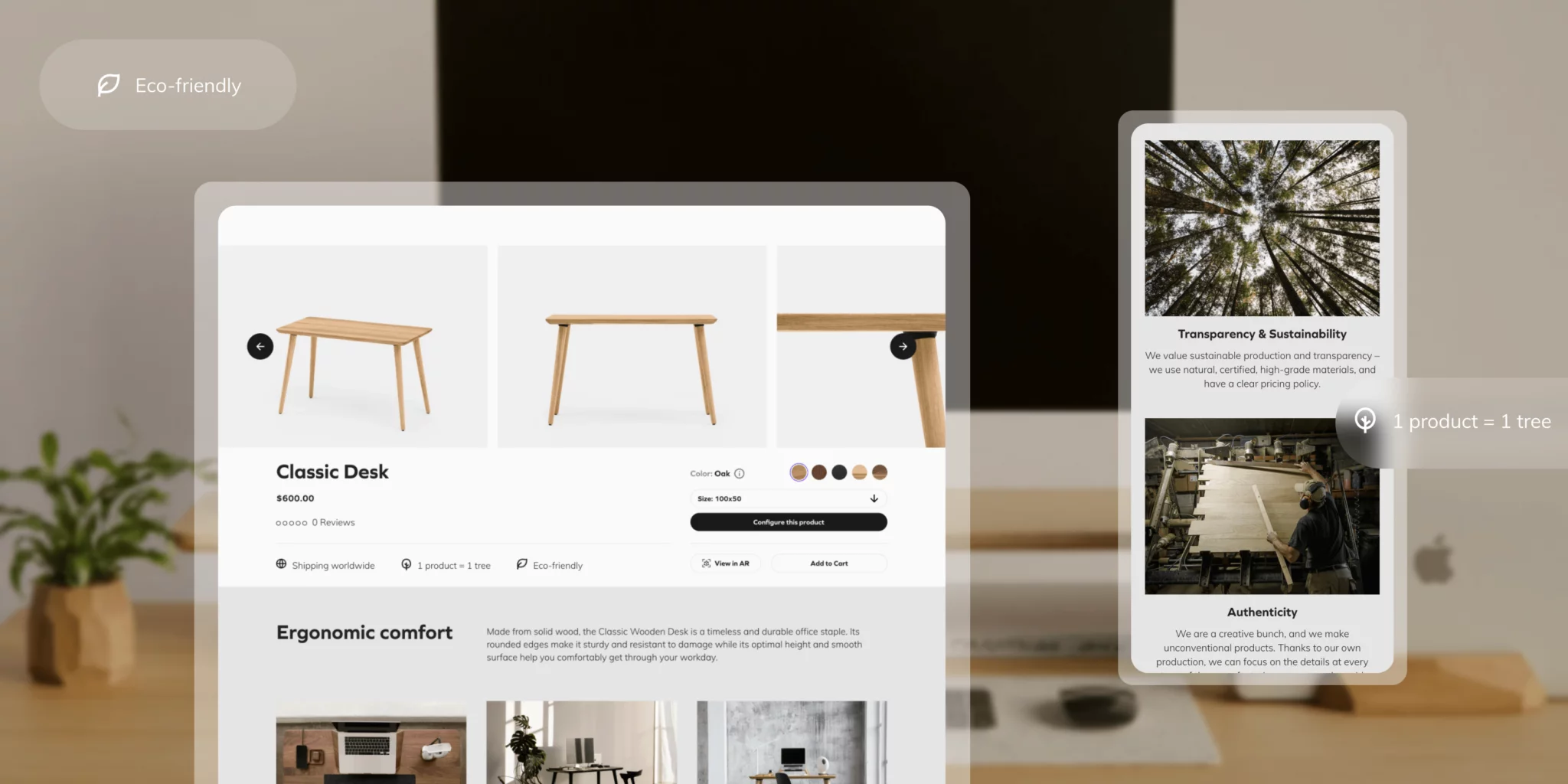 Webpage displaying a classic wooden desk for $600 with options for color and size, eco-friendly features, and promotion of sustainability with '1 product = 1 tree' initiative.