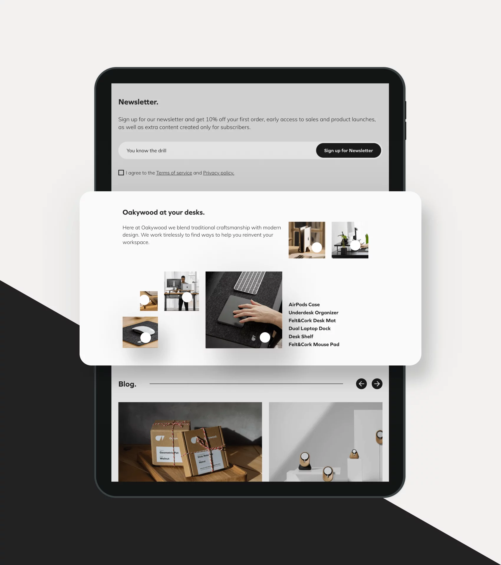 Tablet displaying a webpage with newsletter signup, a featured section about Oakywood desk products, and a blog preview with product images.