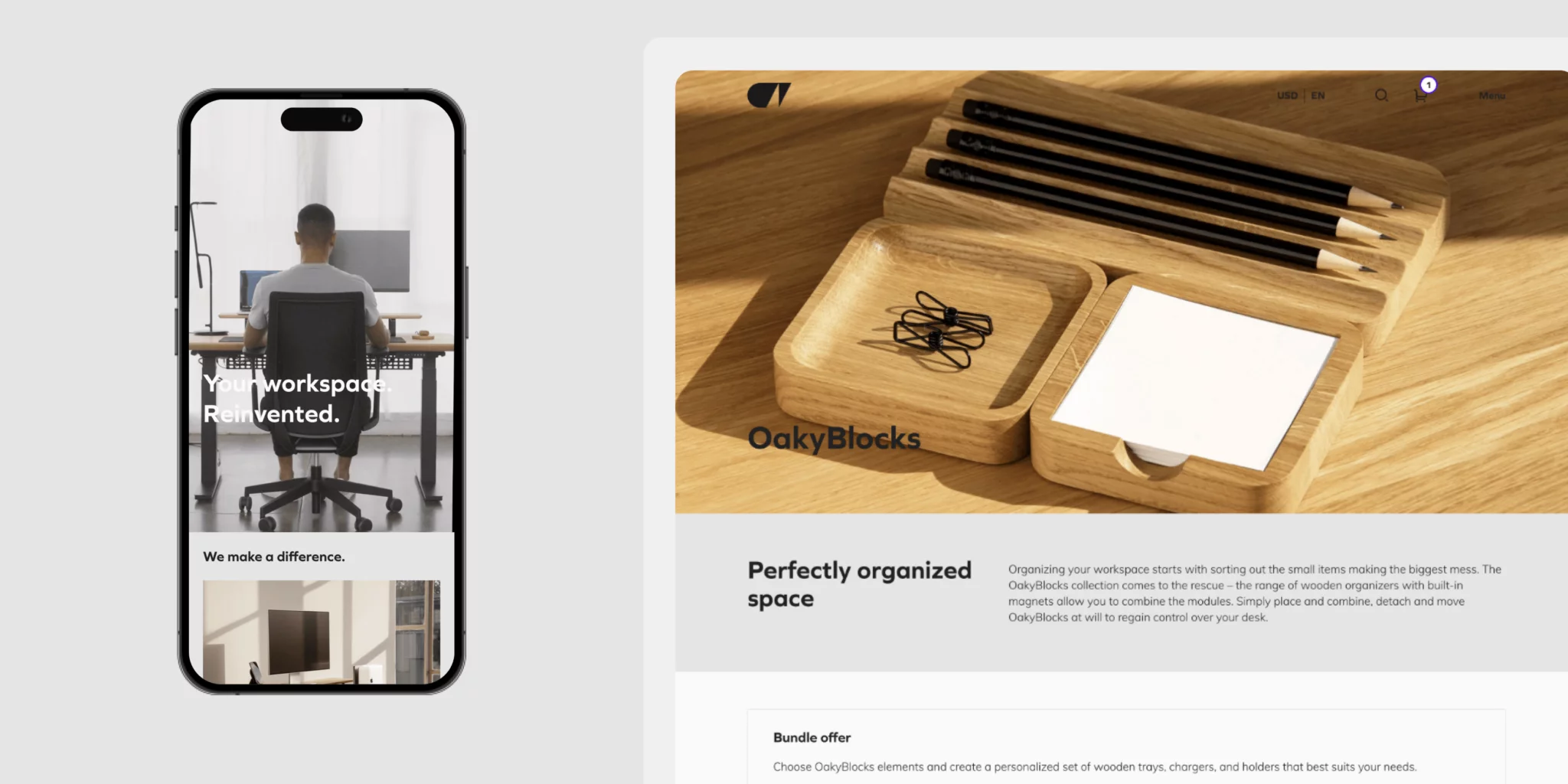 Wooden desktop organizer with pencils, paper clips, and note pads placed on a wooden desk surface.