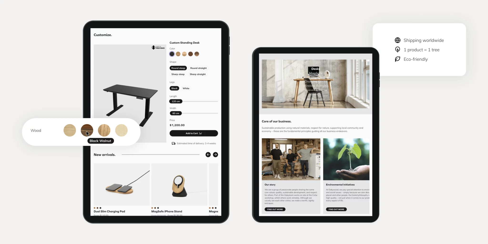 Two tablets displaying a customizable standing desk product page and an about us section with images of team members and a plant seedling.
