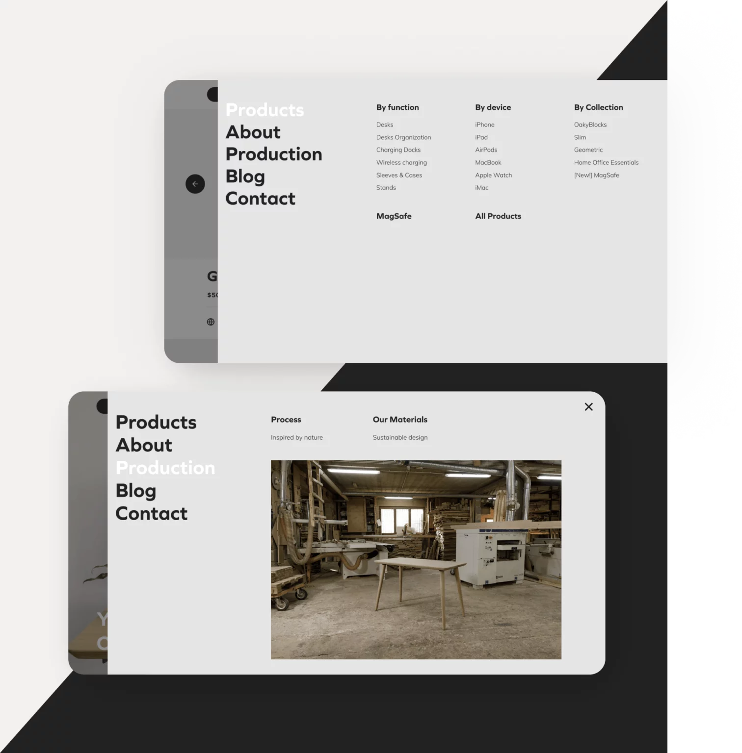 Two overlapping website menu screens showing product categories and a woodworking workshop with a table in the foreground.