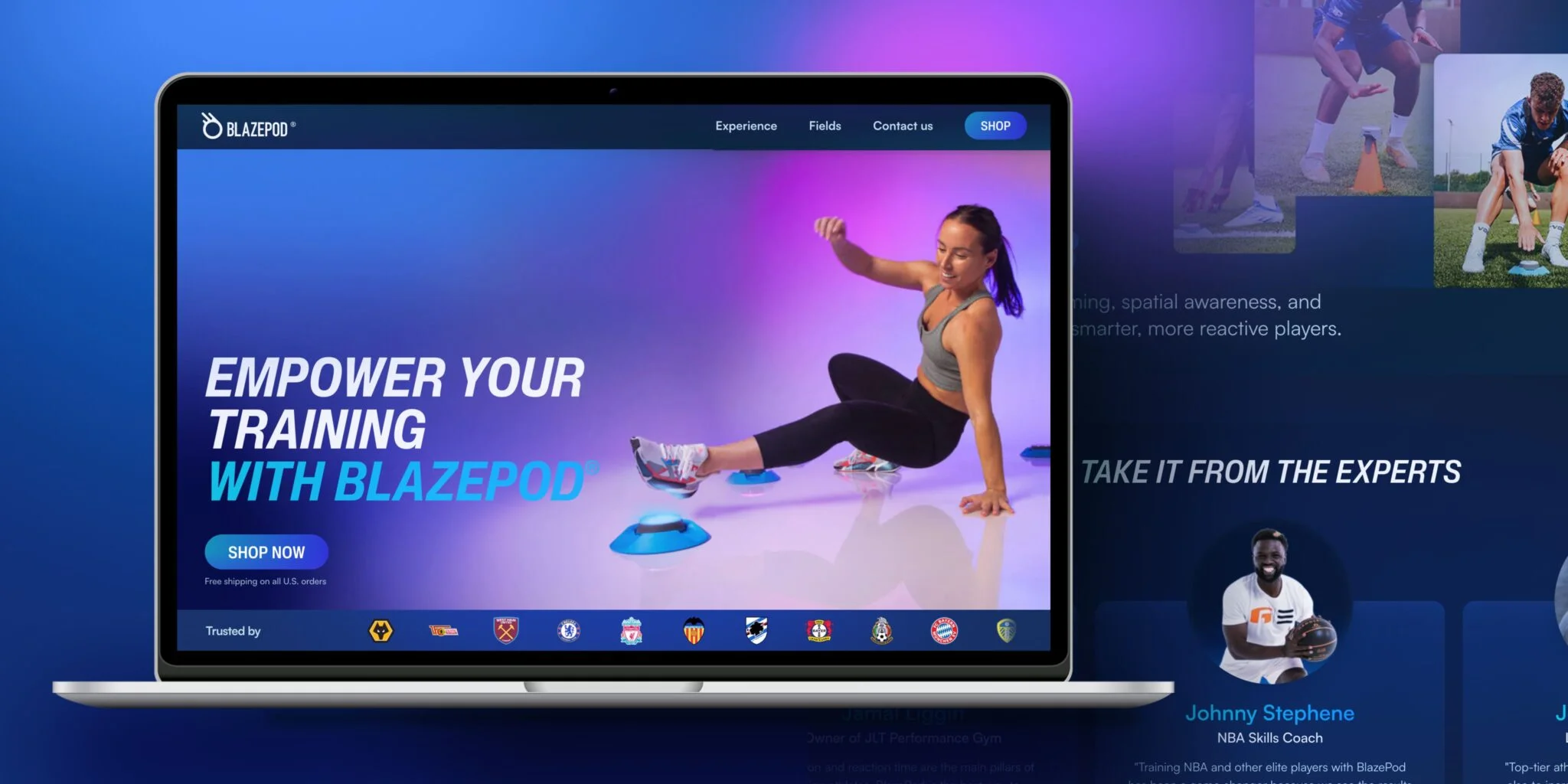 Website homepage on laptop screen showing a woman exercising with BlazePod training lights and the text 'Empower your training with BlazePod' alongside a 'Shop Now' button.