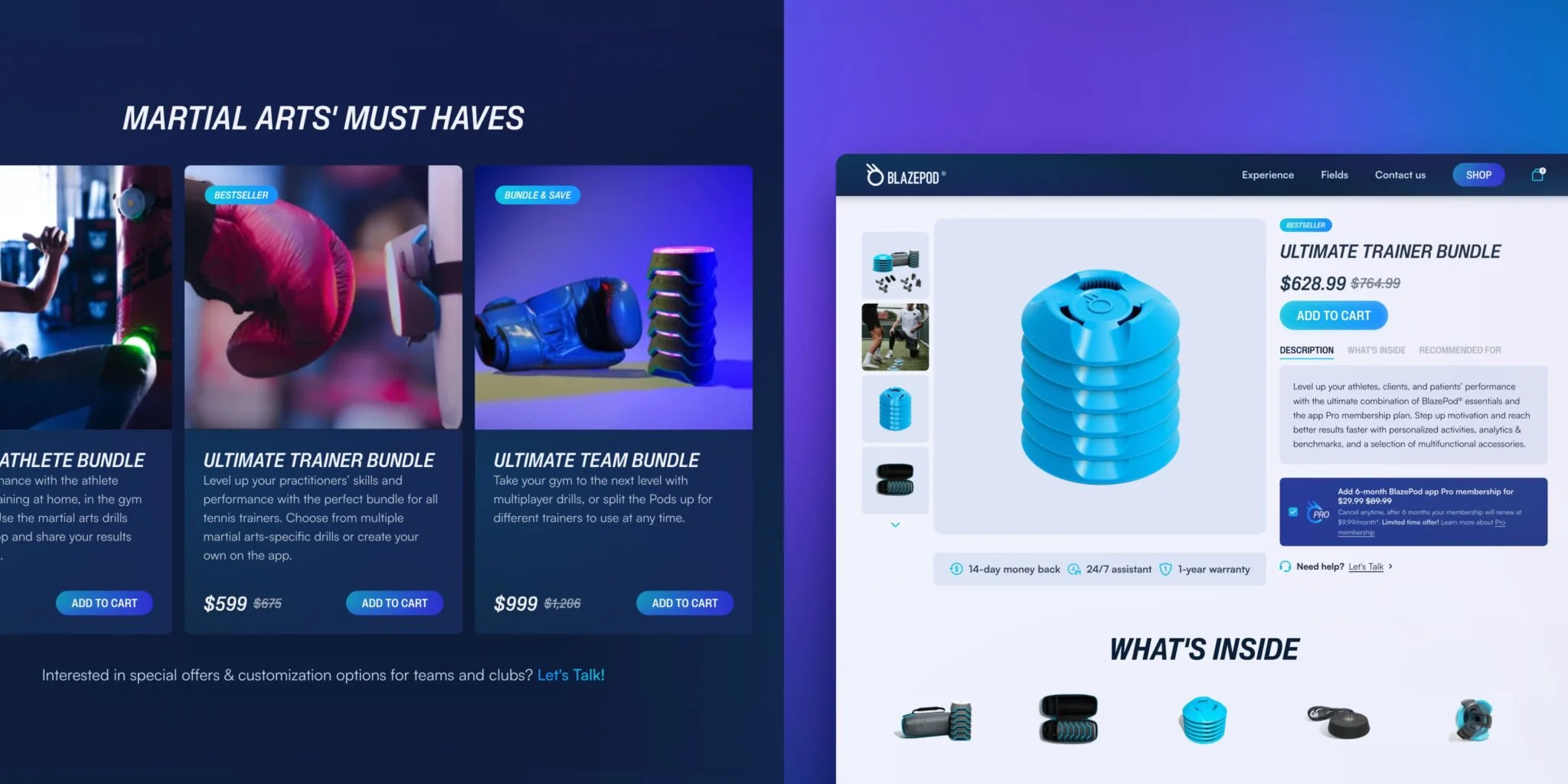 E-commerce page displaying martial arts training bundles including Athlete Bundle, Ultimate Trainer Bundle with red boxing glove and blue training pods, and Ultimate Team Bundle with stacked blue pods, plus detailed view of Ultimate Trainer Bundle priced at $628.99 with add to cart and product features.