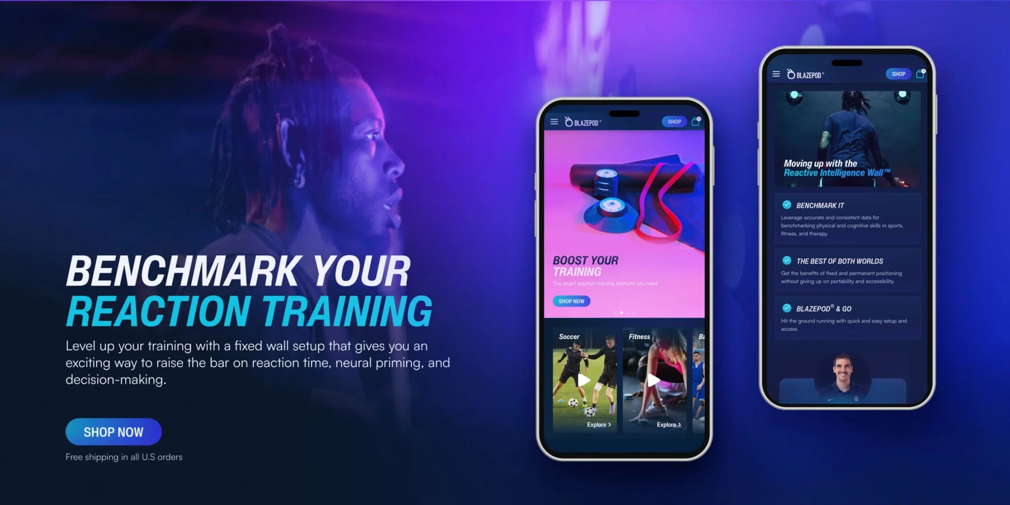 Side profile of a man with dreadlocks beside text promoting reaction training and two mobile phones displaying BlazePod training app features.