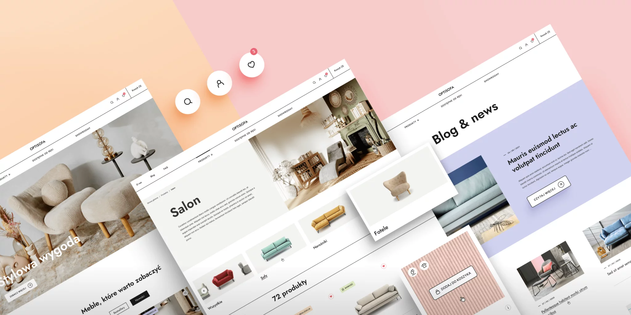 Three angled views of a modern furniture online store interface showcasing sofas, armchairs, and a blog section with stylish home decor photos.