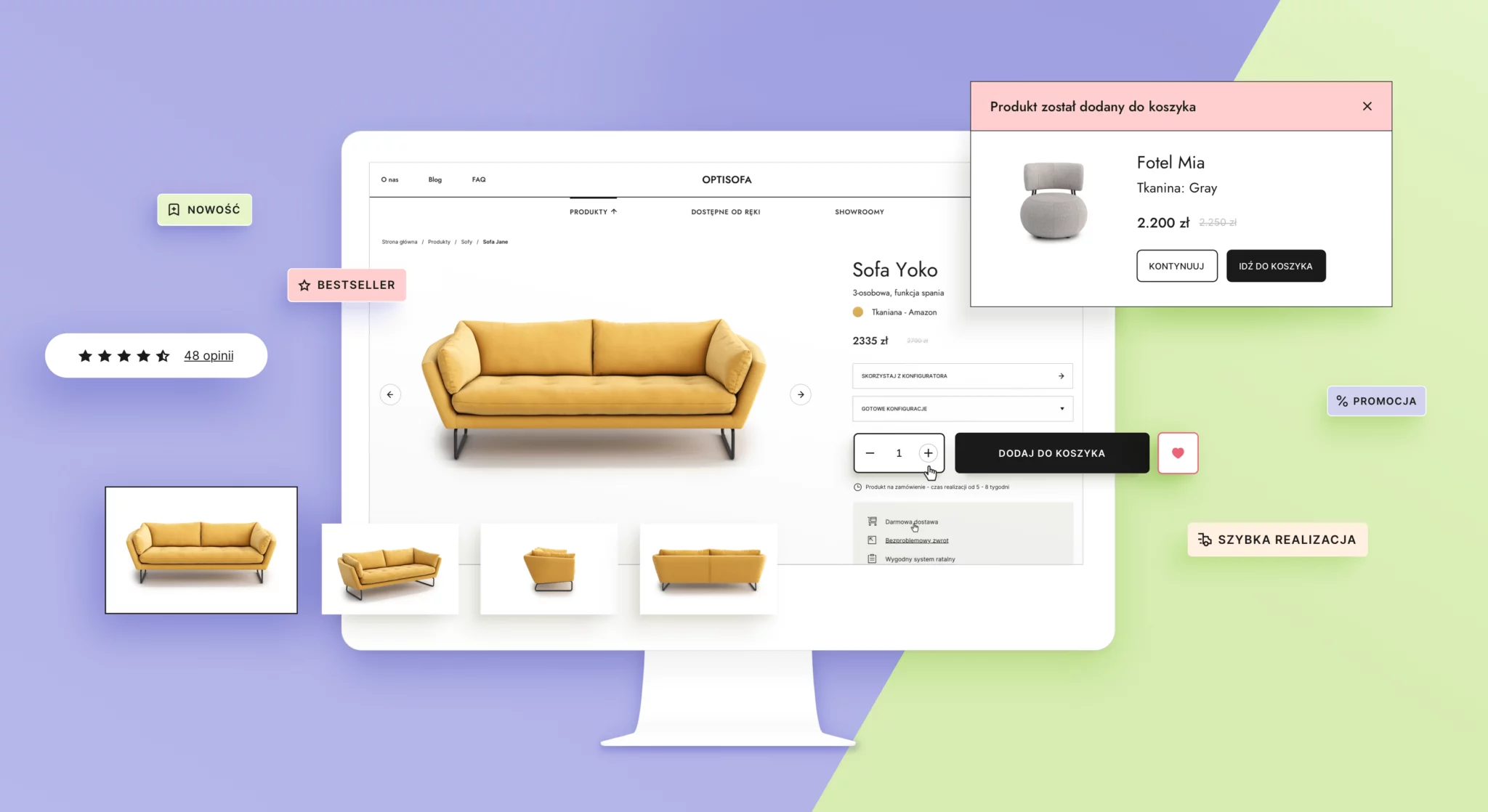 E-commerce webpage displaying a yellow three-seater Sofa Yoko with price, star rating, and product options on a desktop monitor, with pop-ups showing a gray Fotel Mia chair added to cart and various product badges.