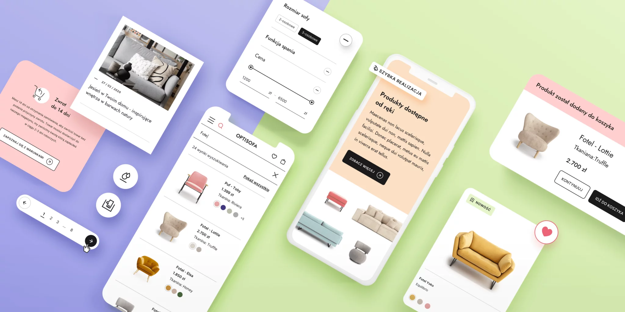 Digital interface mockups on pastel backgrounds showing a furniture shopping app with sofa and chair listings, filters, and product details in Polish.
