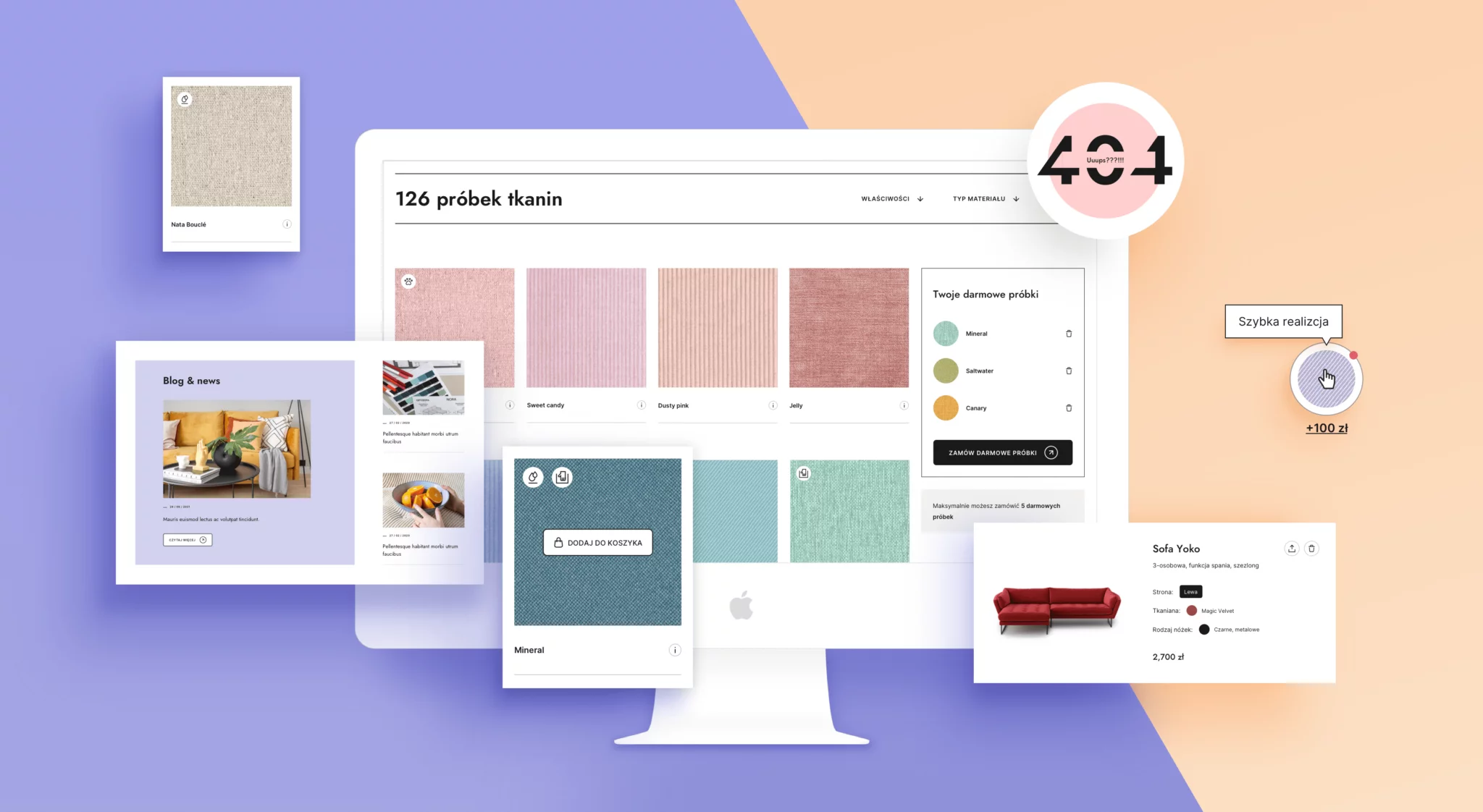 Computer screen showing a fabric sample selection interface with fabric color swatches and product details for a red sectional sofa.