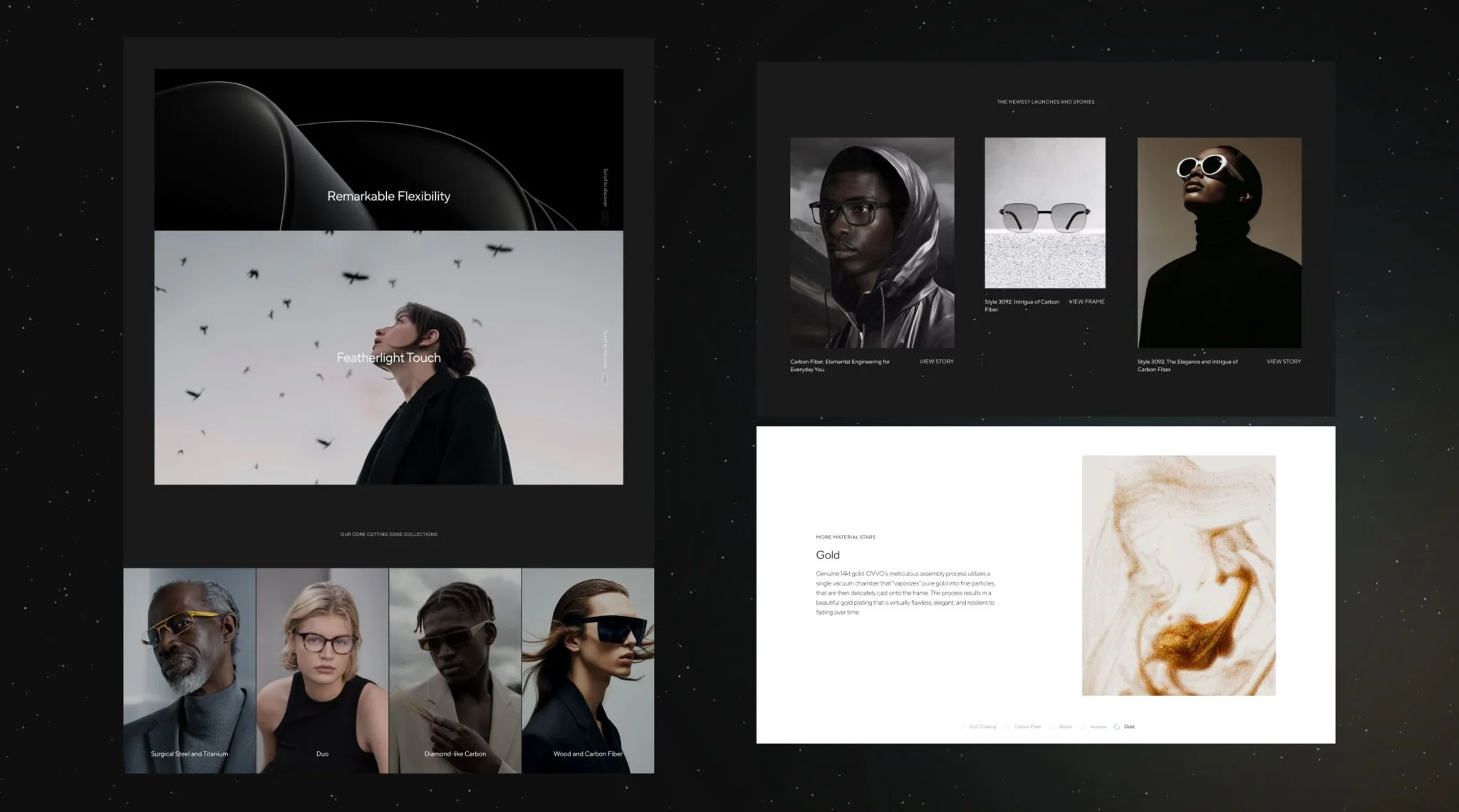 Website layout showcasing eyewear collections with images of diverse models wearing glasses, product close-ups, and a section highlighting gold material with a swirling gold pattern.