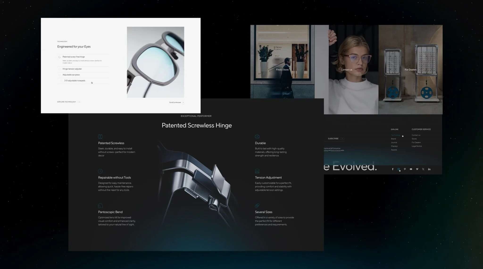 Website screens showing eyewear with focus on patented screwless hinge technology and options to find a store, contact, or find dealers.