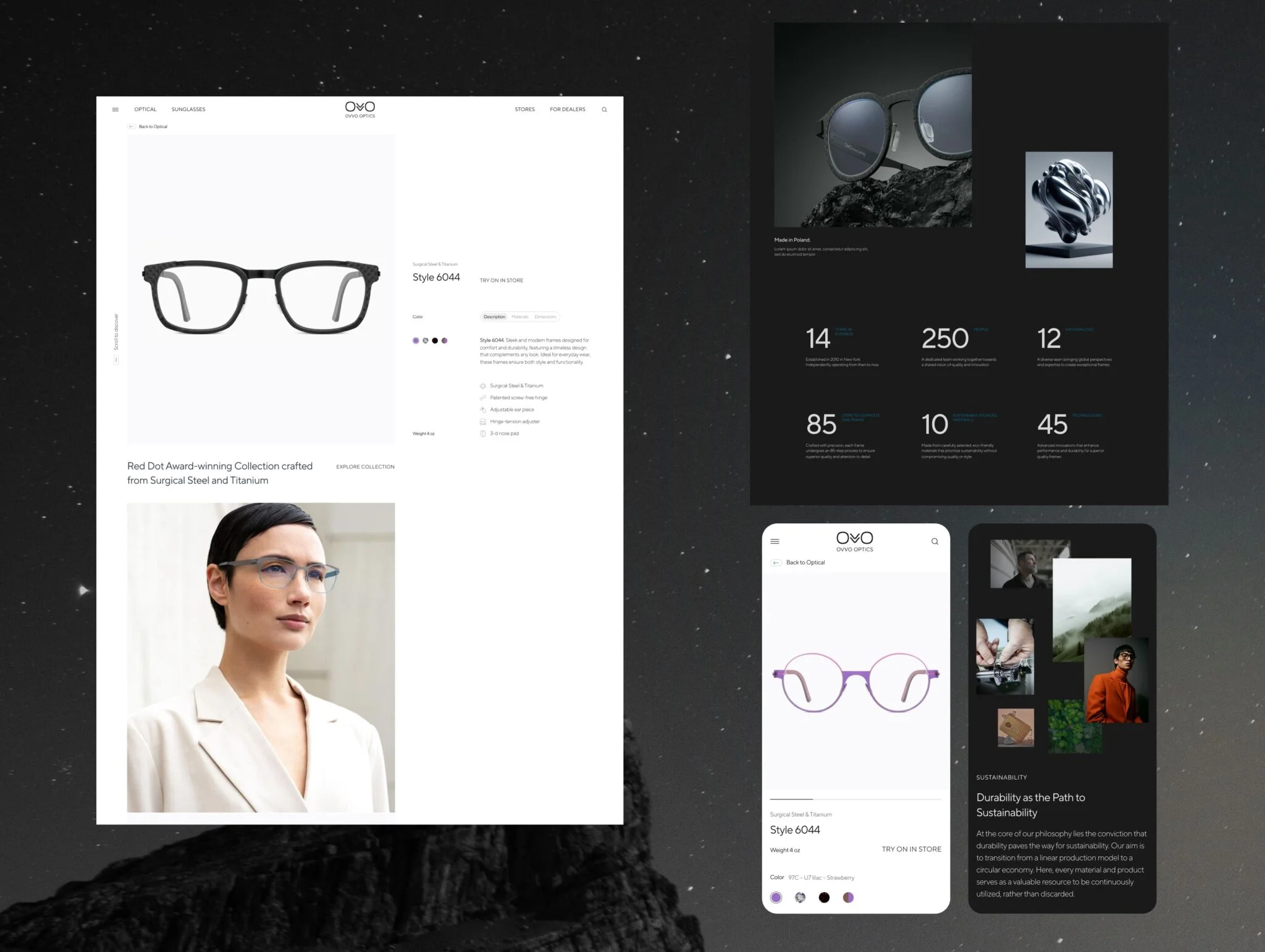 Website interface showing Ovvo Optics eyewear collection with a close-up of black rectangular glasses, product details, a model wearing glasses, and sections on craftsmanship, durability, and sustainability.