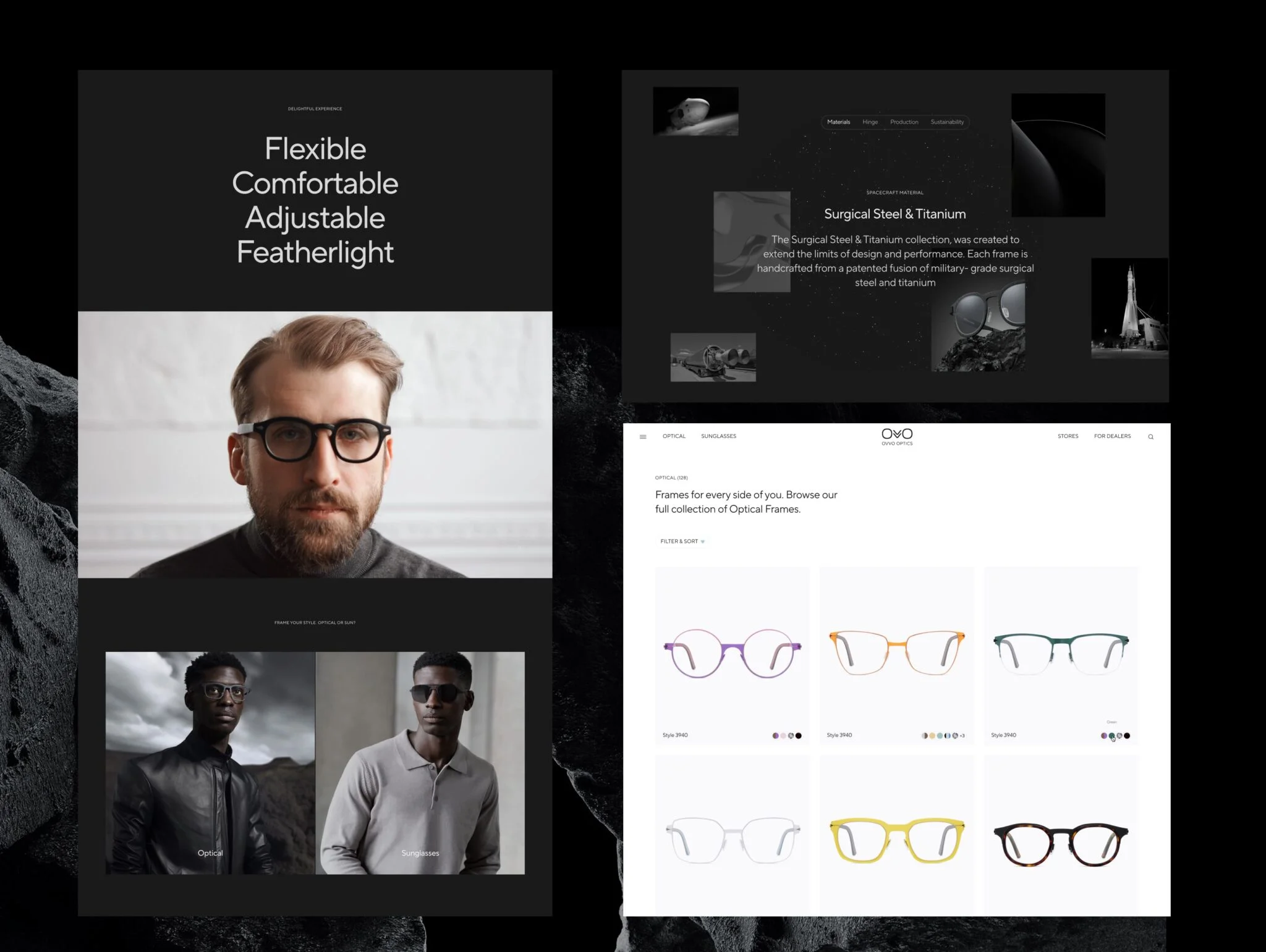 Website layout featuring eyeglasses with headings 'Flexible Comfortable Adjustable Featherlight', photos of men wearing optical and sunglasses, and a product grid of colorful optical frames.
