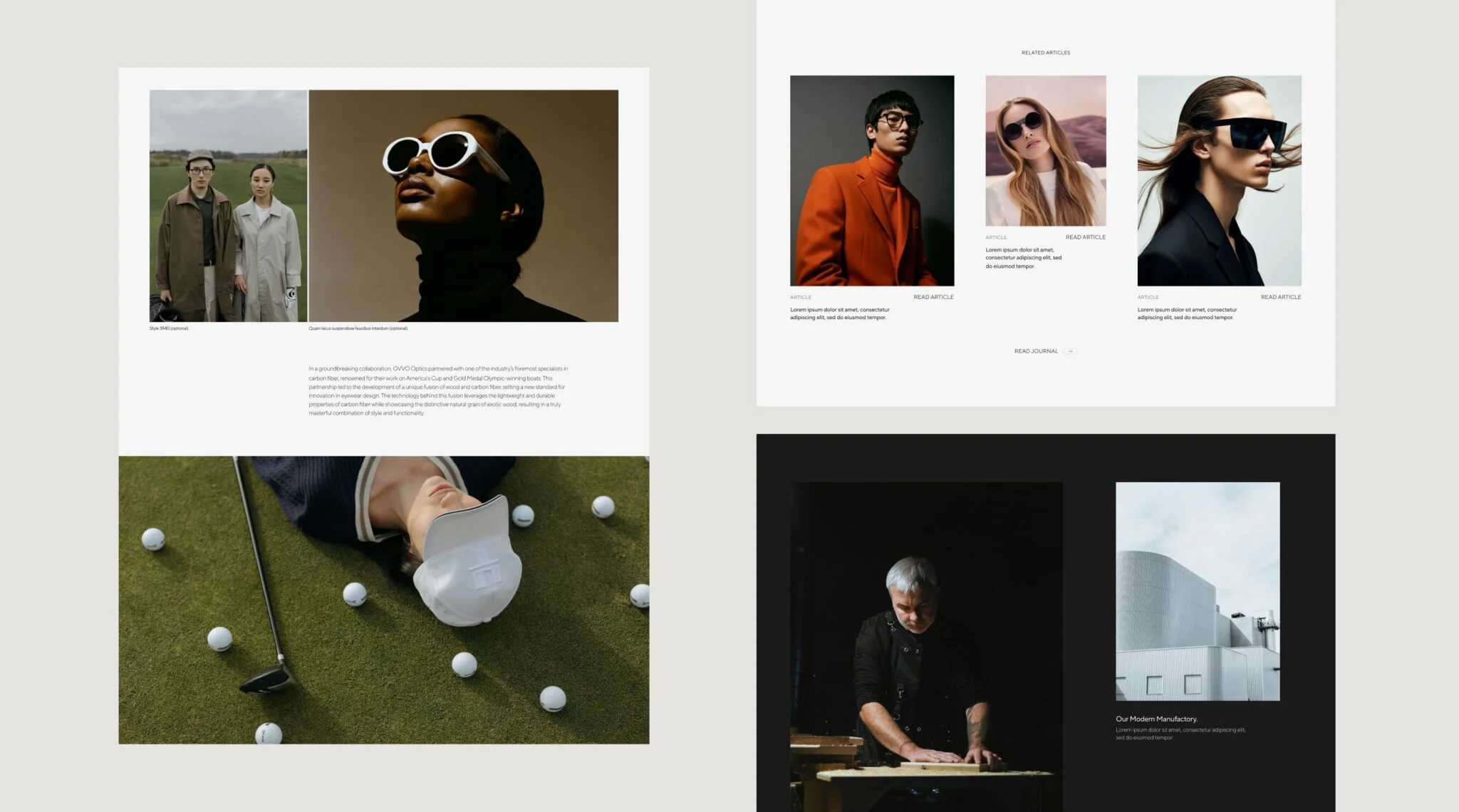 Website layout showing fashion and lifestyle images including people wearing sunglasses, a person lying on grass surrounded by golf balls, and a craftsman working with wood.